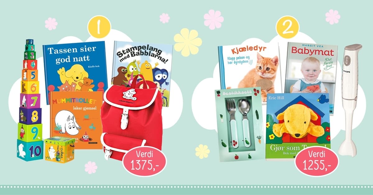 Få stavmikser, bestikk og bøker i stor babypakke