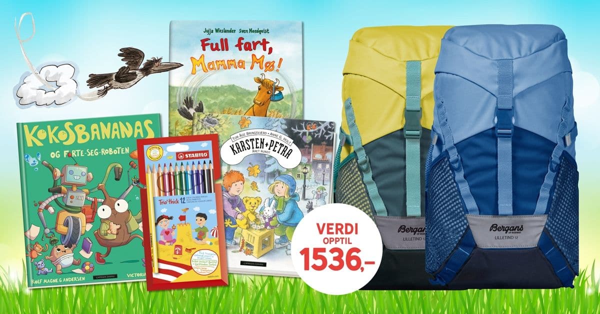 Få Bergans-sekk, fargeblyanter og tre valgfrie barnebøker