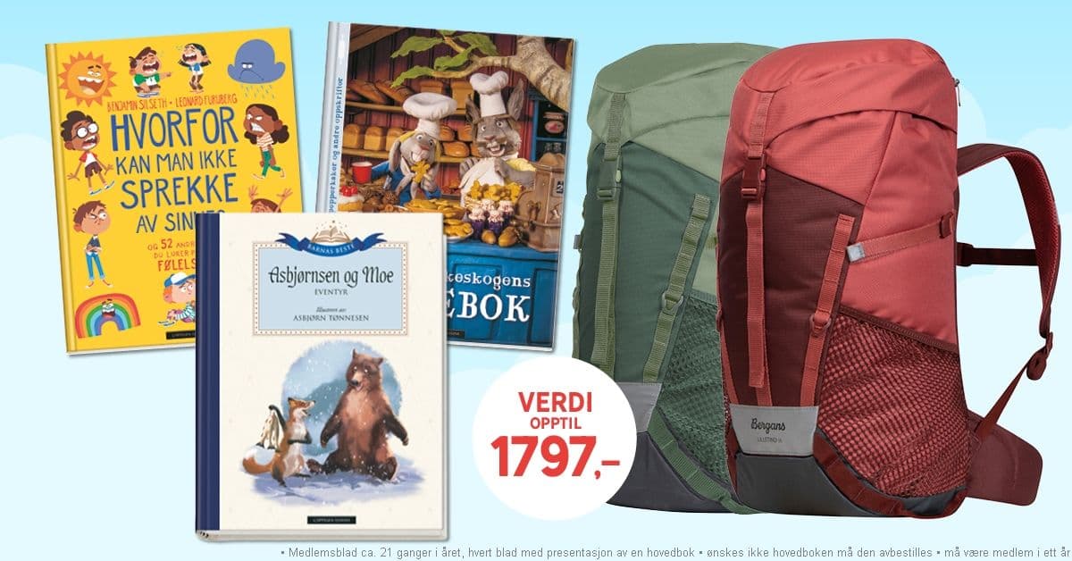 Få Bergans-sekk og tre valgfrie barnebøker i velkomstgave