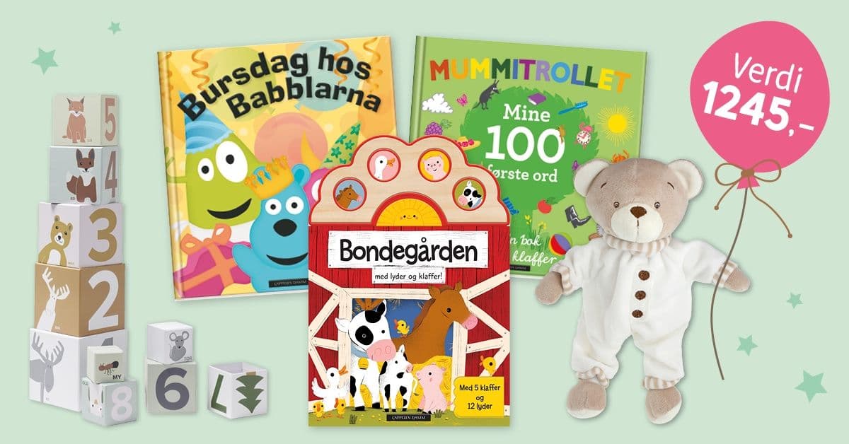 Få stoffbamse, Kids Concept stableklosser og barnebøker
