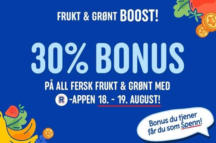 Rema 1000 har 30% bonus-boost på frukt og grønt tirsdag 18. og onsdag 19. august