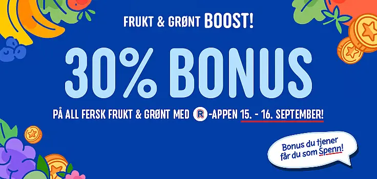 Rema 1000 har 30% bonus-boost på frukt og grønt tirsdag 15. og onsdag 16. september