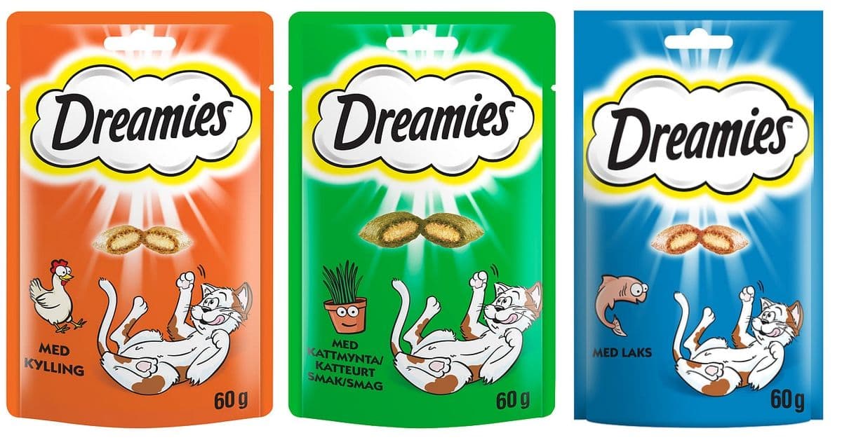 Hent 4 poser Dreamies kattegodbit - helt gratis!