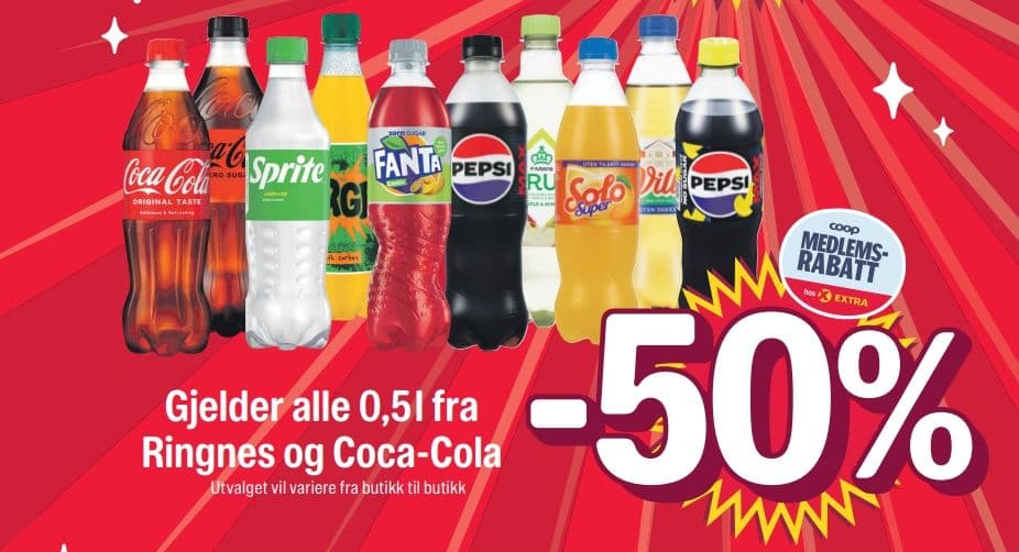 KUN MAN-ONS: -50% på alle 0,5l-brus fra Ringnes og Coca-Cola