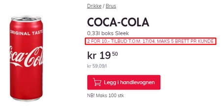 Coca-Cola original på 2 for 10 kroner-tilbud denne uken